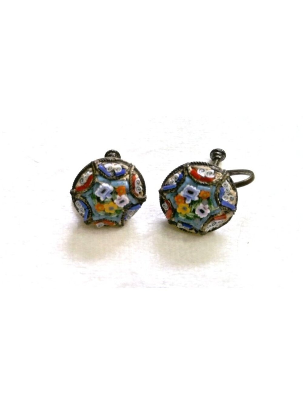 Vintage Italian Micro Mosaic Earrings Round Floral Screw Back Signed RM Italy